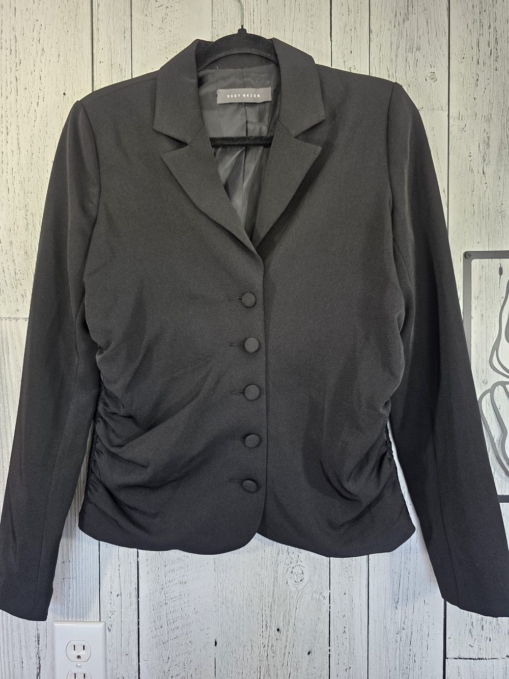 Suzy Shier Black Ruched Lace Detail Blazer Business Career Office